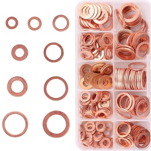 Heavy Duty Copper Washer Set 50 To 200 Pcs Gasket Kit M4 To M14 For Sump Plugs And Automotive Repairs Heat Resistant Copper Ring Seals Universal Fit And Durable Copper Washers, assorted sizes in organizer