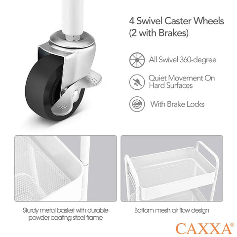 Close-up of caster wheels on Three Tier Rolling Metal Storage Organizer On Wheels, showing details of the swivel and brakes.