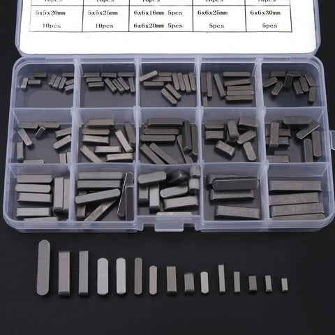 GBSCLOVER 140-piece keyway set in plastic organizer; round-ended carbon steel shaft keys 8-30 mm.