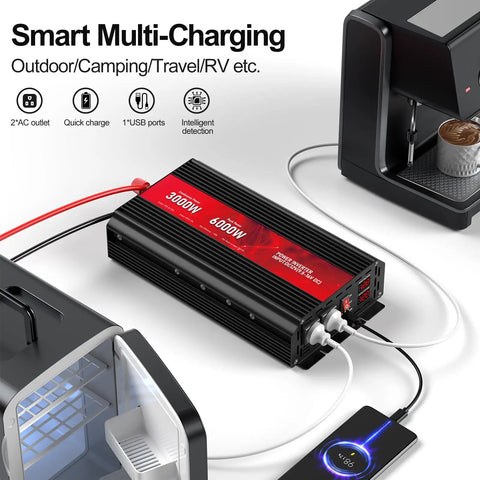 3000 Watt Power Inverter Converts 12V DC To 110V AC Delivering 6000W Peak Juice for outdoor charging with USB ports.