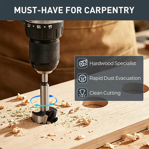 Knockout Forstner Bit Set Featuring Eight Heavy Duty Wood Drill Bits in use on wood for clean, flat bottom hole cutting.