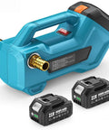 Go Anywhere Cordless Water And Diesel Transfer Pump, 760GPH Self Priming, Dual 4000mAh Batteries shown with pump side view