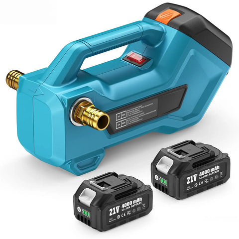 Go Anywhere Cordless Water And Diesel Transfer Pump, 760GPH Self Priming, Dual 4000mAh Batteries shown with pump side view