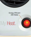 Close-up of MyHeat 200 Watt Small Energy Efficient Portable Electric Ceramic Space Heater power button with red light