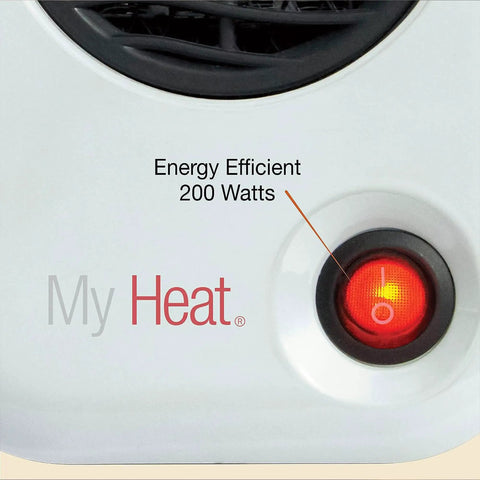 Close-up of MyHeat 200 Watt Small Energy Efficient Portable Electric Ceramic Space Heater power button with red light