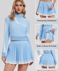 Women 2 Piece Golf And Tennis Skirt Set Half Zip Long Sleeve Pullover Top With Pleated Tennis Skirt With Shorts And Pockets Baby Blue Athletic Tracksuit