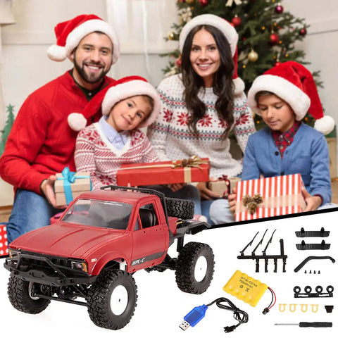 Family with Christmas gifts and Off Road RC Truck One Sixteen Scale Beast With Proportional Steering And 2 4Ghz 2CH 4WD Drivetrain All Terrain Rock Crawler RTR.