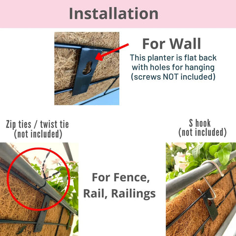 Installation guide showing Two Pack 16 Inch Rectangular Metal Wall Planters For Outdoor Plants with coco liners on fence and rail.