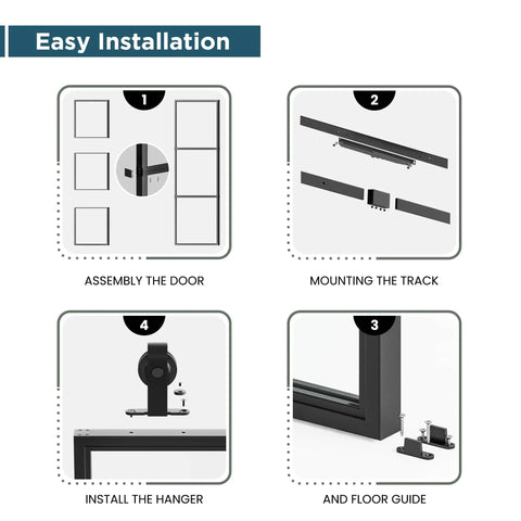 Instruction guide for assembling the 48 By 84 Inch Metal And Glass Sliding Double Barn Door With Hardware Kit Soft Close Included