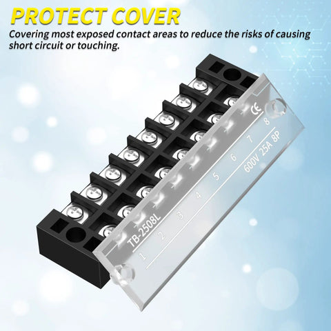 Durable 25A 600V dual row screw terminal block with cover 8 position pre insulated wire terminal strip and jumpers clear protective cover PC shell 4 pack great for control panels and auto projects close-up view showing protective clear cover