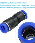 Close-up of One Quarter Inch Push To Connect Air Hose Fittings showing blue plastic and stainless steel locking claws