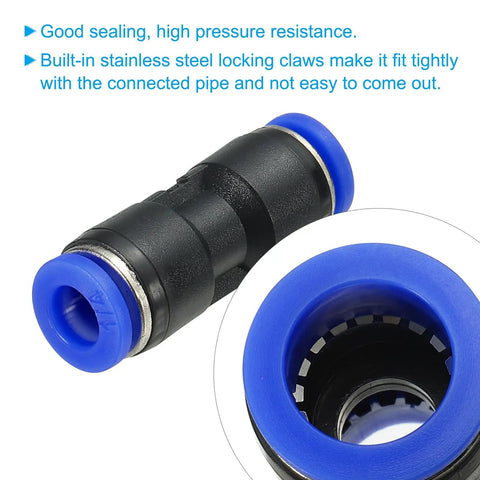 Close-up of One Quarter Inch Push To Connect Air Hose Fittings showing blue plastic and stainless steel locking claws