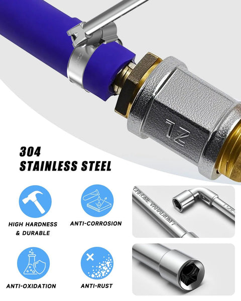 304 stainless steel worm-drive hose clamp installed on a blue hose with a brass connector