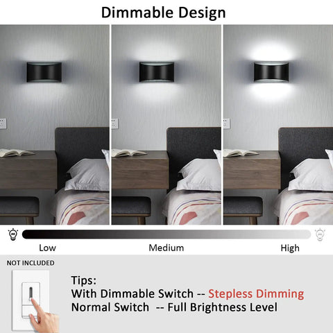 Image of Modern Led Wall Sconce Set Of 2 With Up And Down Lighting Hardwired Indoor Black Wall Mount Lamps For Living Room Bedroom Hallways 3000K Warm White Sleek Minimalist Sconces in three dimmable settings above a bedroom nightstand.