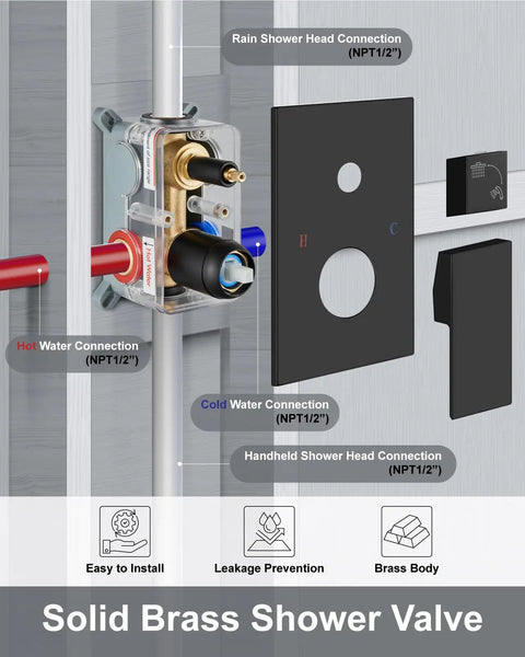 Solid brass shower valve with matte black wall mount; part of Premium High Pressure Shower System With 12 Inch Rain Head And 2 In 1 Handheld Sprayer Matte Black Wall Mount Fixture Rough In Valve Built To Last 304 Stainless Steel Construction For A Luxury Home Spa Shower.