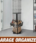 360 Degree Rotating Fishing Rod Rack For Garage Floor Stand holding 16 rods, wooden tackle organizer in a garage setting