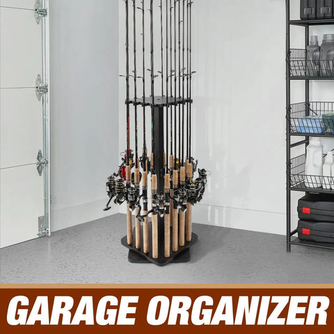360 Degree Rotating Fishing Rod Rack For Garage Floor Stand holding 16 rods, wooden tackle organizer in a garage setting
