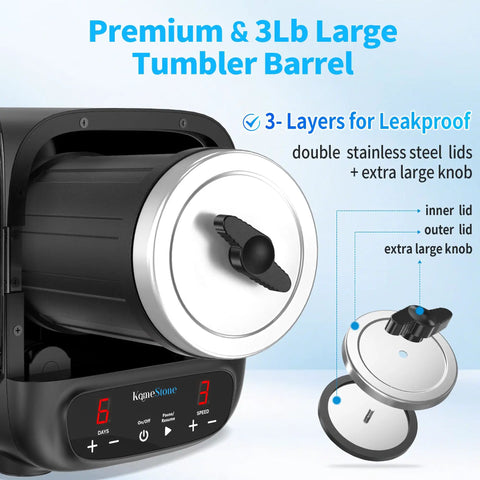 Ultra Quiet Rock Tumbler Kit With Brushless Motor Extra Large 3 Lb Barrel showing stainless steel lid and digital display