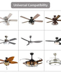 Nine ceiling fan styles displaying universal compatibility with 3 In 1 Ceiling Fan Remote Control Kit With Light, Timing And Speed