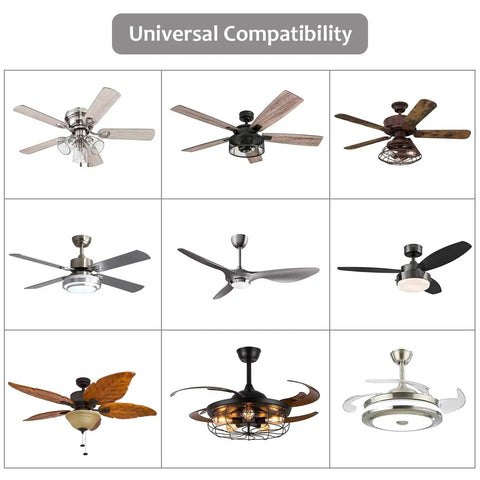 Nine ceiling fan styles displaying universal compatibility with 3 In 1 Ceiling Fan Remote Control Kit With Light, Timing And Speed