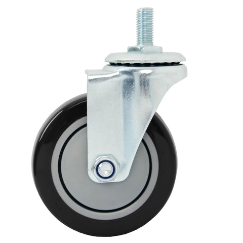 Heavy Duty 4 Inch Polyurethane Swivel Caster Wheels Set Of 4 Threaded Stem Black for industrial carts, showing steel stem and rubberized wheel.