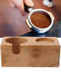 Sweet Beech Wood Coffee Tamper Stand With Clever Side Nook Securely Stores 51 To 58 Mm Tools next to espresso portafilter.