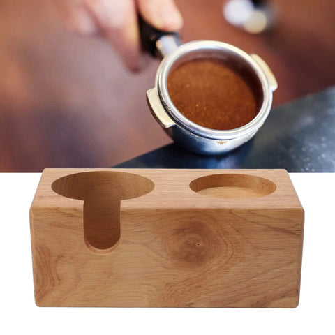 Sweet Beech Wood Coffee Tamper Stand With Clever Side Nook Securely Stores 51 To 58 Mm Tools next to espresso portafilter.