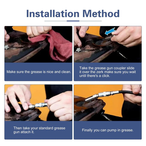 Installation steps for Push On Right Angle 90 Degree Grease Coupler For Auto Truck And Industrial Use with 1/8 inch NPT threads.