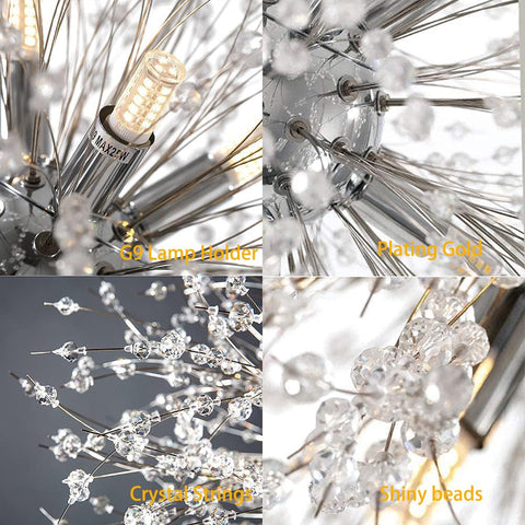Close-up details of Sputnik Crystal Chandelier with Firework Chrome Finish, dandelion style, showing lamp holder and crystal beads.