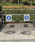 Built Like A Tank Metal Swing Security Gate For Shops And Warehouses Decorative Plate Hides Bolts Super Easy Install Smooth Auto Swinging Silver 70x97cm with arrows for direction.