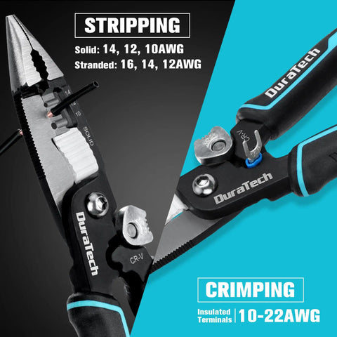 Five In One Wire Stripper And Crimping Tool With Needle Nose Pliers For Electricians 8 Inch Heavy Duty Pliers showcasing stripping and crimping.