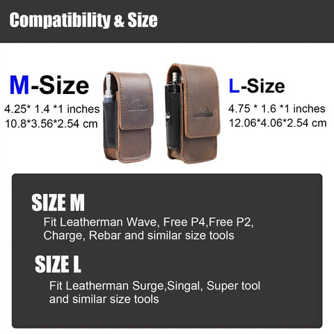 Badass Leather Multitool Sheath For Men Featuring Magnetic Closure Belt Holster Everyday Carry Organizer Size M and L dimensions
