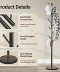 Freestanding Coat Rack With Natural Marble Base And 10 Hooks, 3 Height Adjustable Coat Tree for bags, clothes, and hats