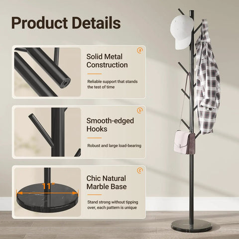 Freestanding Coat Rack With Natural Marble Base And 10 Hooks, 3 Height Adjustable Coat Tree for bags, clothes, and hats