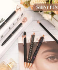 Six Pack Ballpoint Pen Set With Metal Crystal Diamond Accents on magazine, featuring glittery aesthetic designs for journaling.
