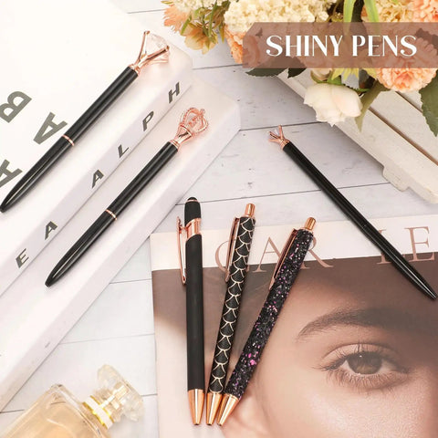 Six Pack Ballpoint Pen Set With Metal Crystal Diamond Accents on magazine, featuring glittery aesthetic designs for journaling.