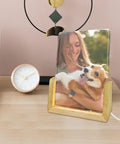 Two Pack Sublimation Night Lights Blank Wood LED Acrylic Photo Frames 4x6 Inch With Warm Light on a desk with clock and decor