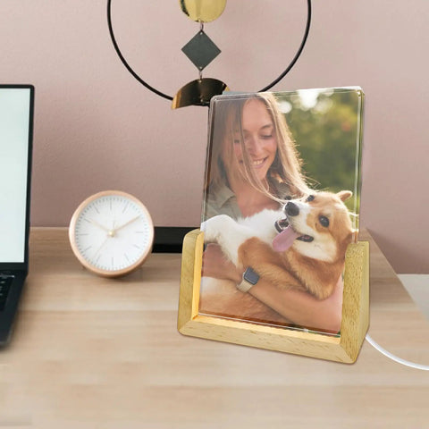 Two Pack Sublimation Night Lights Blank Wood LED Acrylic Photo Frames 4x6 Inch With Warm Light on a desk with clock and decor