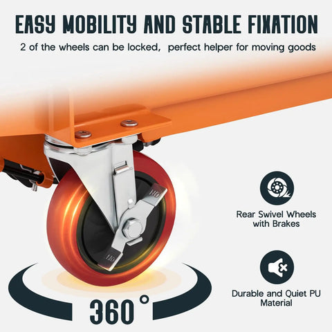 Heavy-Duty Hydraulic Lift Table Cart With Reliable Pump And Easy Operation Max Capacity 770 Lbs Elevates Up To Five Feet Nine Inches rear swivel wheel with brake for stable movement.