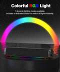 Immersive RGB Gaming Desktop Speakers with 3 customizable sound modes showing colorful lighting on a reflective surface.
