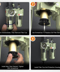 Air Regulator With Gauge And Water Separator For One Half Inch NPT Air Line installation steps with filter replacement