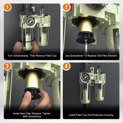 Air Regulator With Gauge And Water Separator For One Half Inch NPT Air Line installation steps with filter replacement