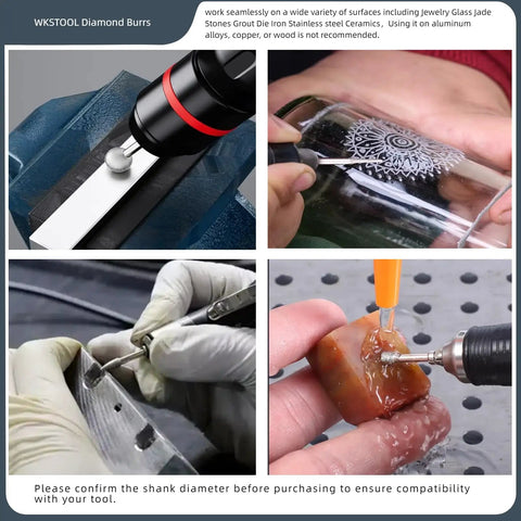 Diamond Burrs Set 30Pcs Industrial Grade 150 Grit Rotary Grindin Bits used on metal, glass, jade, and stone surfaces.
