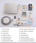 All-In-One Tub And Shower Faucet Set In Brushed Nickel With 12-Inch Rainfall Shower Head Waterfall Tub Spout And Rough-In Valve Complete Bath Trim Kit parts display