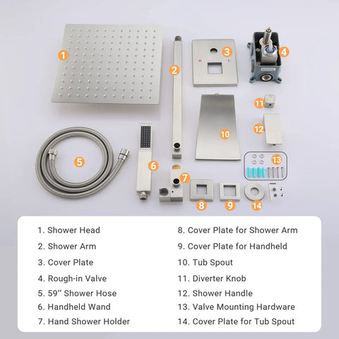 All-In-One Tub And Shower Faucet Set In Brushed Nickel With 12-Inch Rainfall Shower Head Waterfall Tub Spout And Rough-In Valve Complete Bath Trim Kit parts display