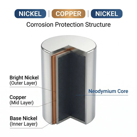 Cross-section view of Sturdy Quarter Inch Cylindrical Magnets N48 With 3.8 Lb Pull showing nickel and copper layers with neodymium core