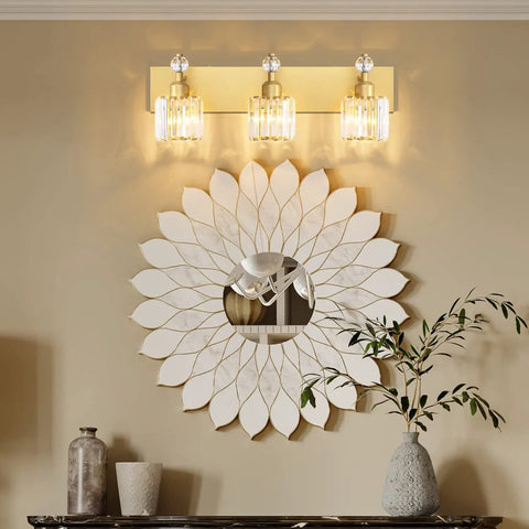 Crystal 3 Light Vanity Light With Gold Finish For Bathroom, Over Mirror Modern Wall Sconce Fixture, wall mount view