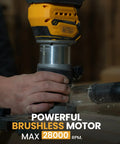 Cordless Brushless Palm Router Bare Tool With Dope 5 Speed Variable 10000 To 28000 RPM 600W Fixed Base in use