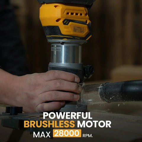 Cordless Brushless Palm Router Bare Tool With Dope 5 Speed Variable 10000 To 28000 RPM 600W Fixed Base in use