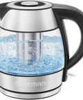 Cordless Glass Electric Kettle With Infuser 1.2L 1500W Fast Boil BPA Free Auto Shut Off No Fuss Boil Dry Protection Removable Lid LED Indicator Lights Clear Tea Kettle For Tea Coffee Hot Chocolate with water boiling and infuser visible
